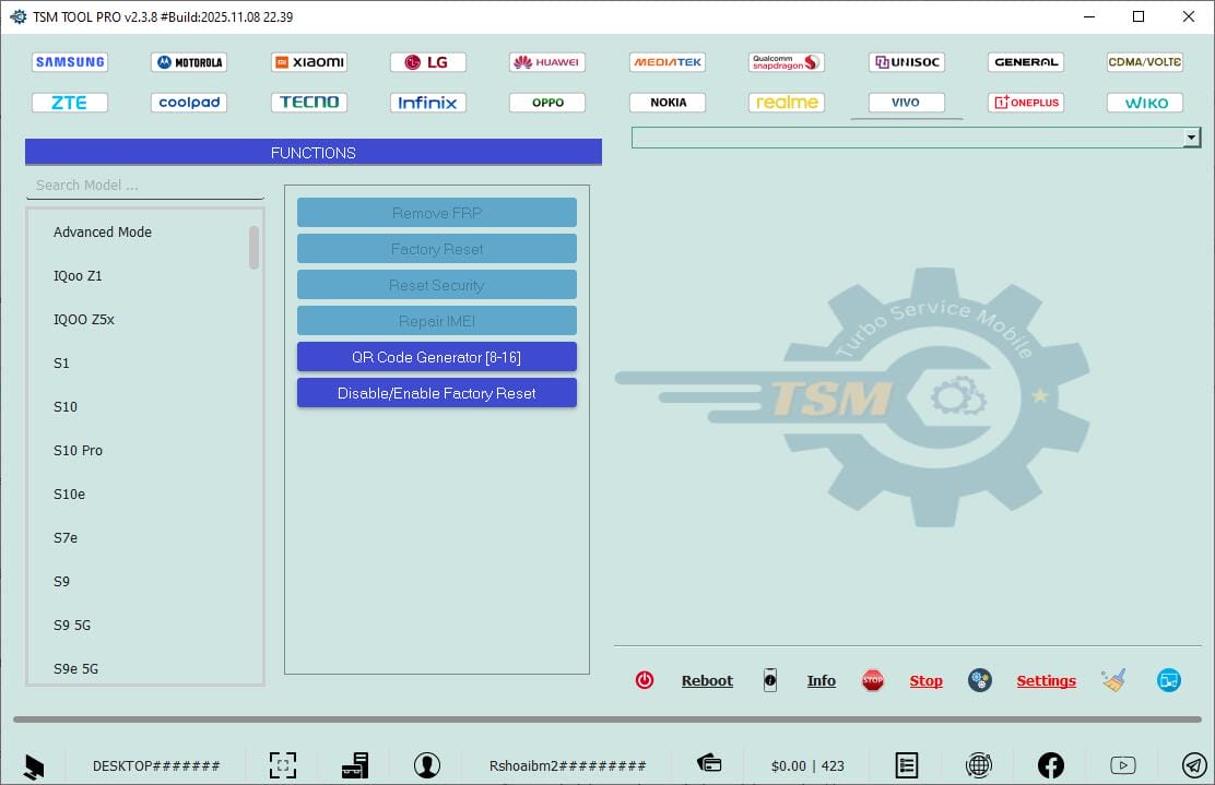 Tsm tool pro functions tab showing remove frp factory reset reset security repair imei qr code generator and factory reset toggle with vivo model list on the left.