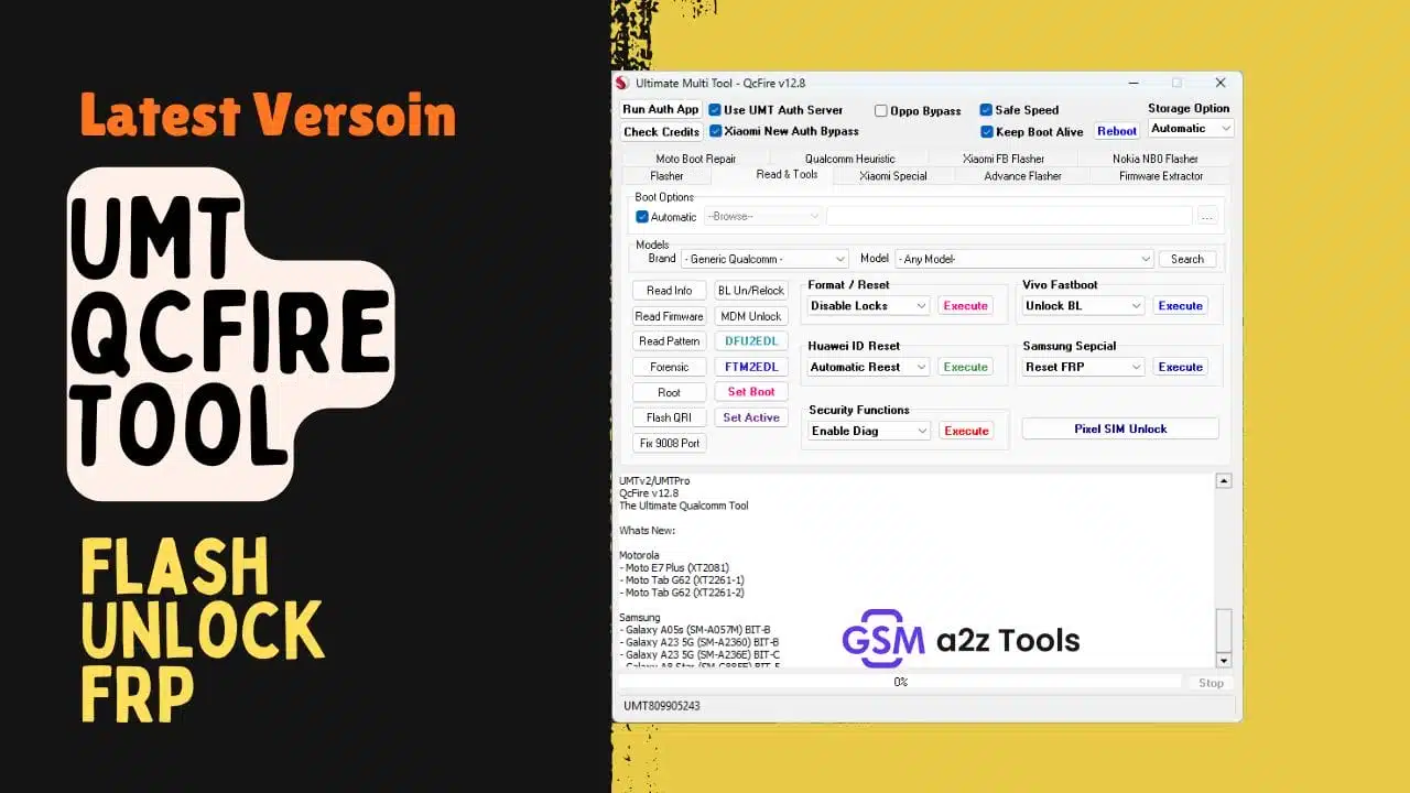 Umt qcfire tool logo for qualcomm flashing frp reset unlock and repair features