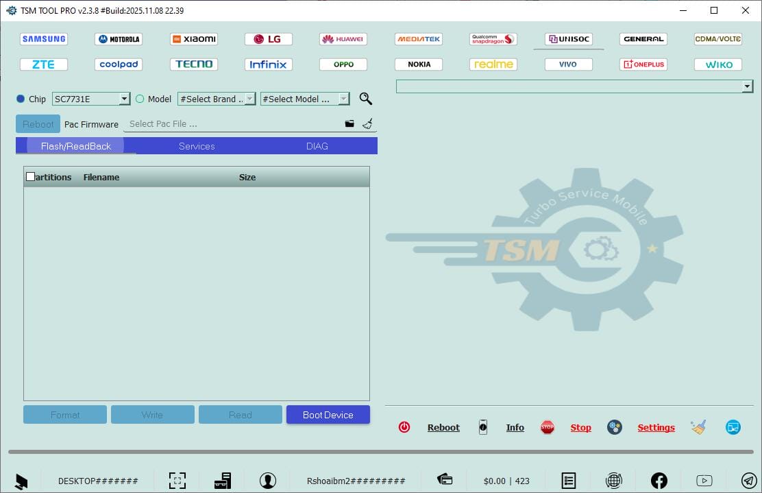 Tsm tool pro interface showing options like install arabic fix apks open network settings and more