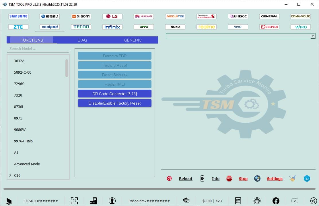 Tsm tool pro main interface showing supported brands device models and service functions for mobile repair unlock and security operations.