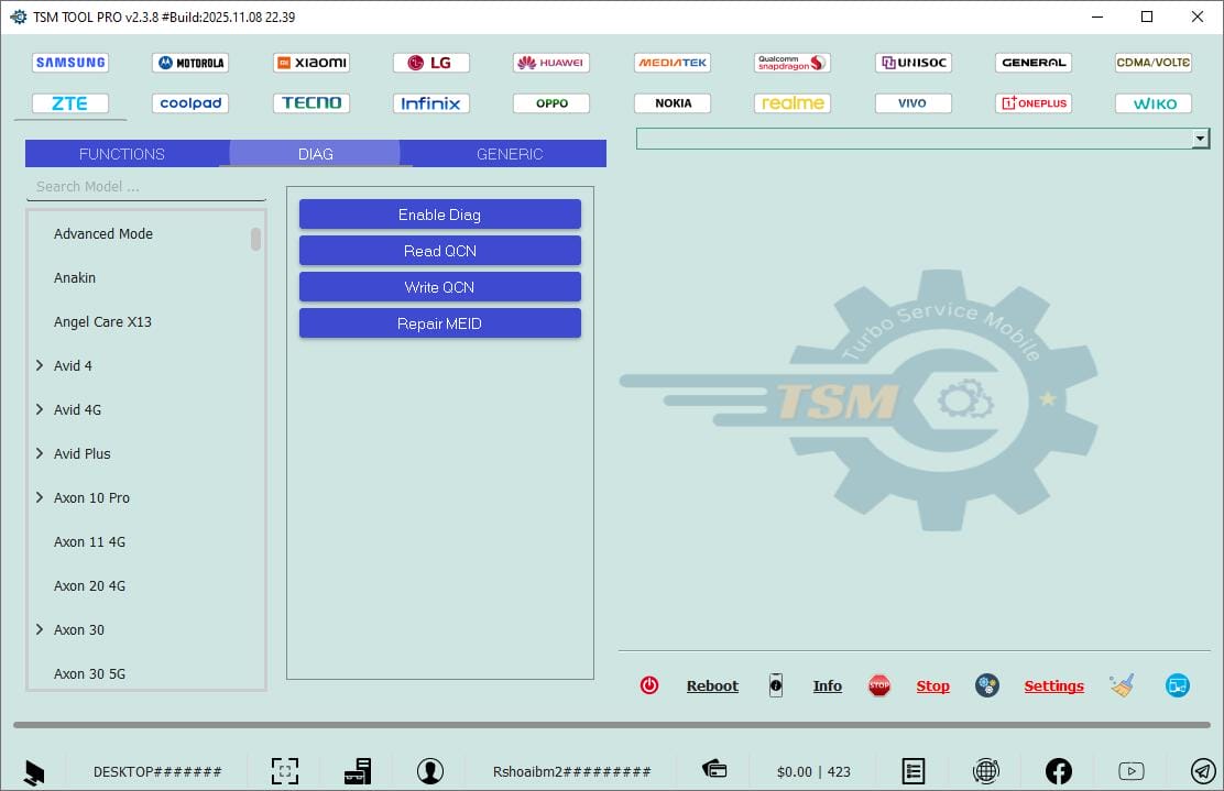 Tsm tool pro generic functions list showing android repair and customization options