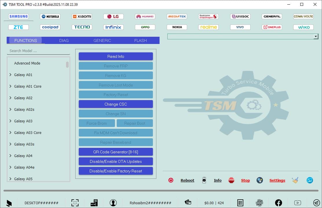 Tsm tool pro generic functions menu showing android service options