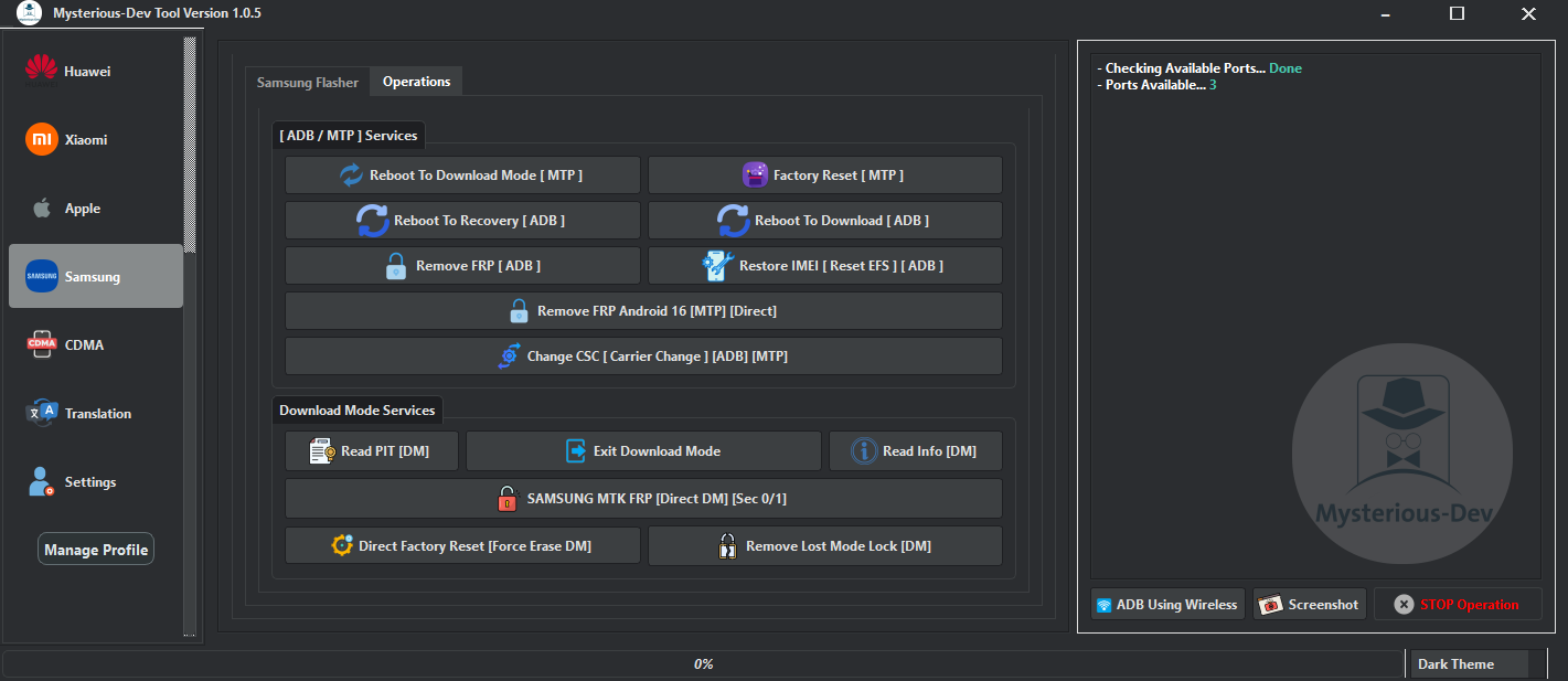Mysterious dev tool interface showing unlocking flashing frp removal and imei repair features for smartphones