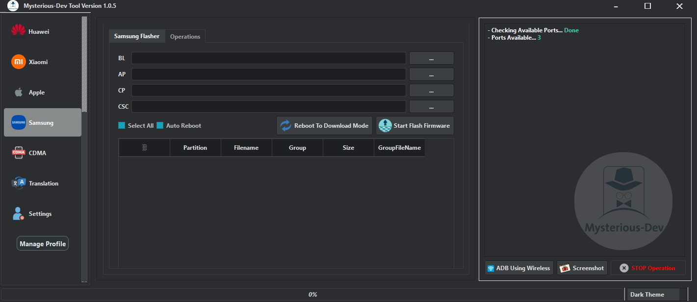 Mysterious dev tool interface showing unlocking flashing frp removal and mobile repair options for android smartphones