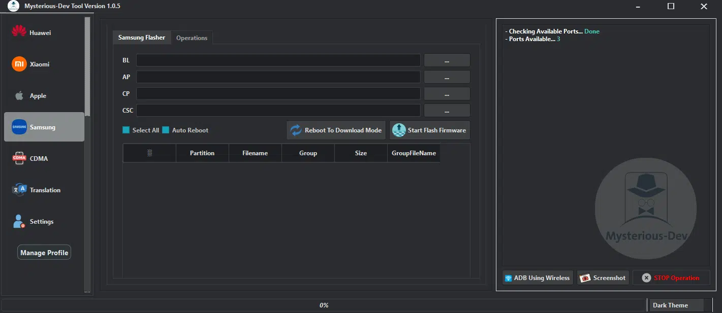 Mysterious dev tool interface showing unlocking flashing frp removal and mobile repair options for android smartphones