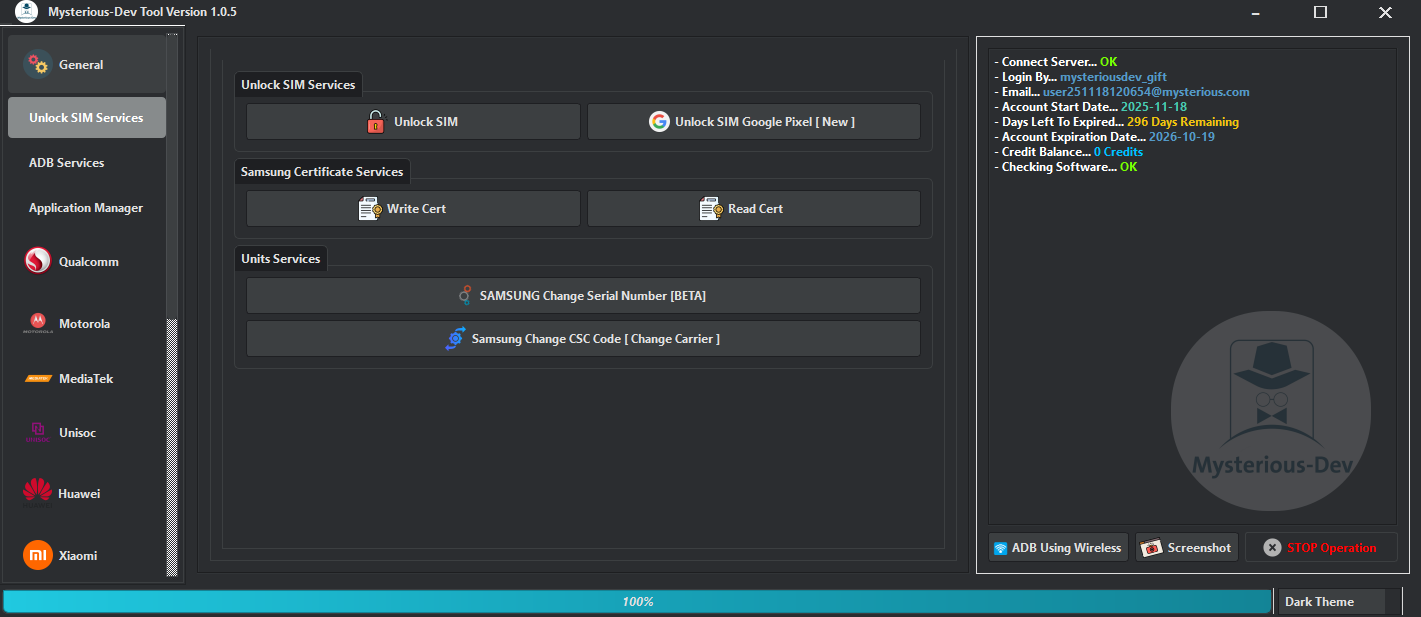 Mysterious-dev tool software interface for unlocking flashing and repairing android smartphones
