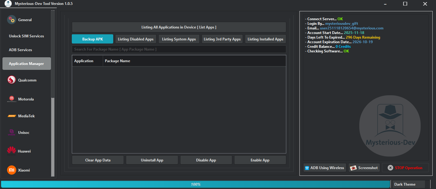 Mysterious-dev tool software interface for smartphone unlocking flashing and repair services