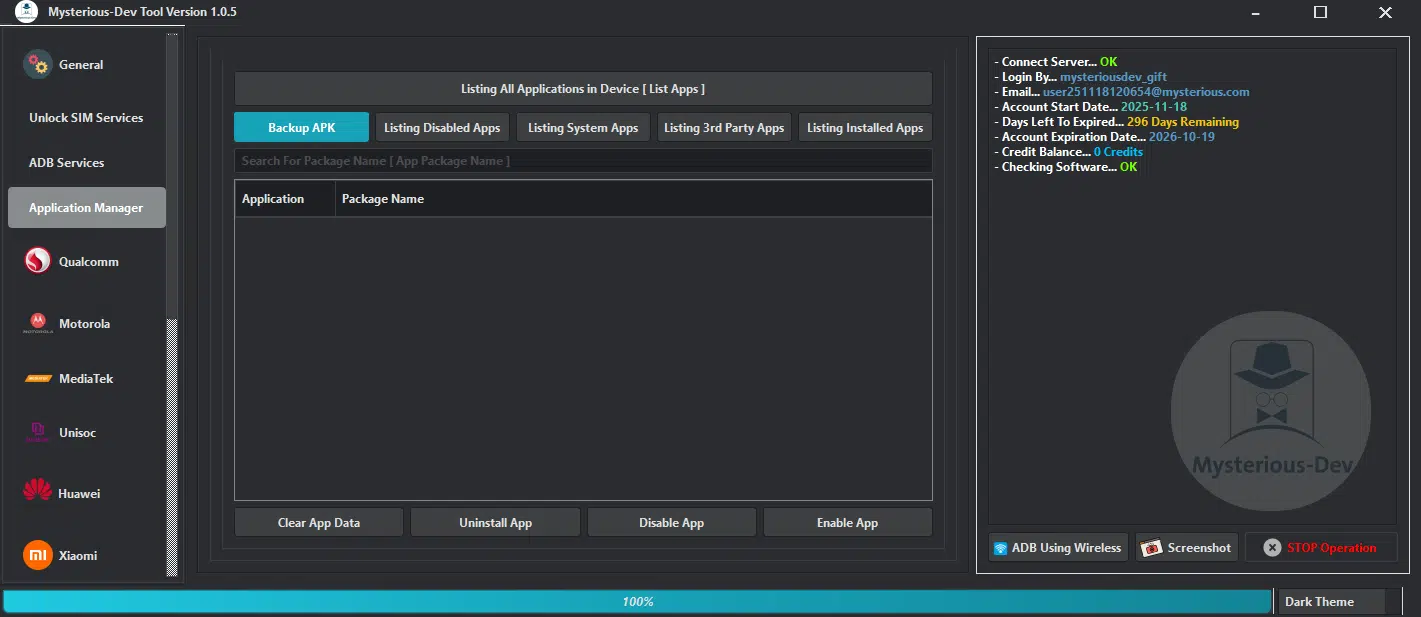 Mysterious-dev tool software interface for smartphone unlocking flashing and repair services
