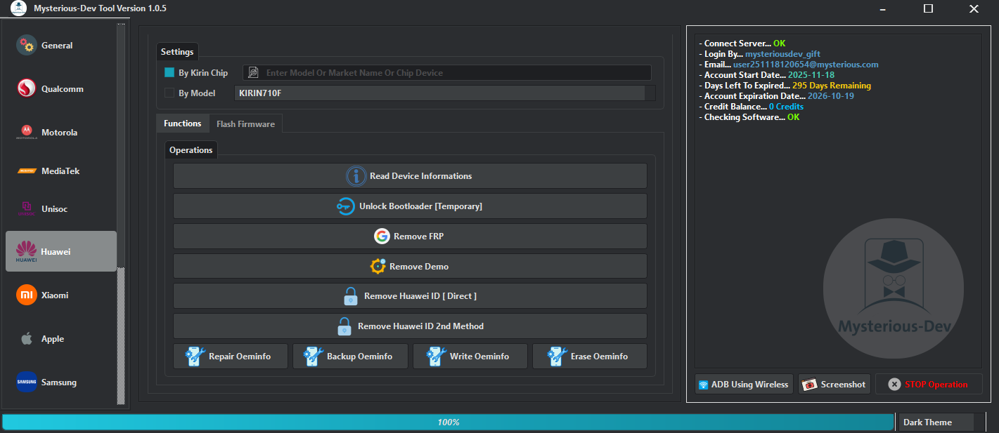 Mysterious-dev tool interface for unlocking flashing and smartphone repair services