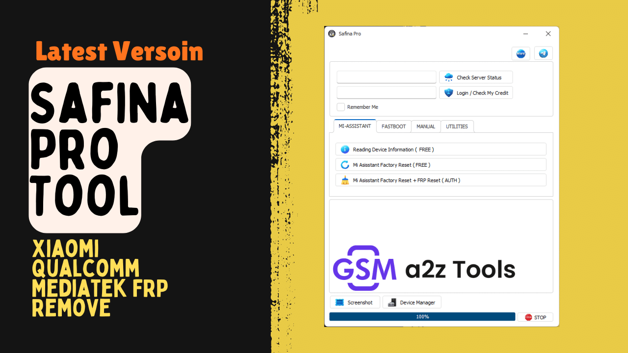 Safina pro tool interface showing xiaomi frp removal and flashing options