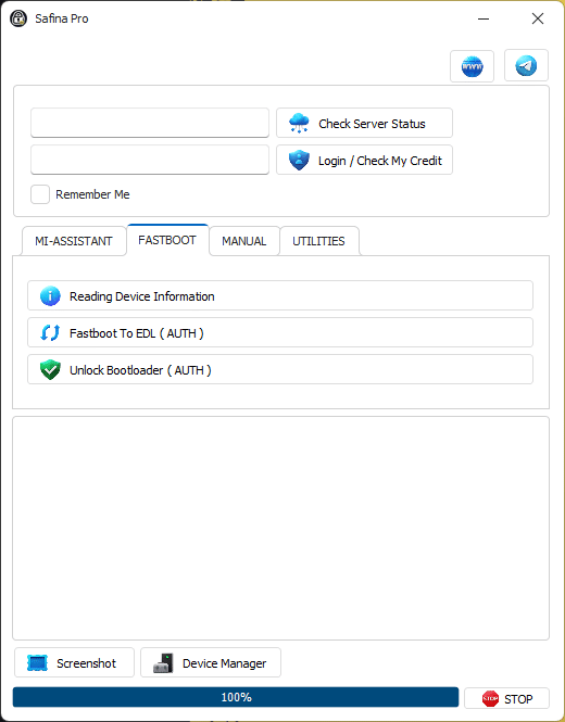 Safinapro tool interface showing xiaomi frp removal fastboot to edl and mi assistant services