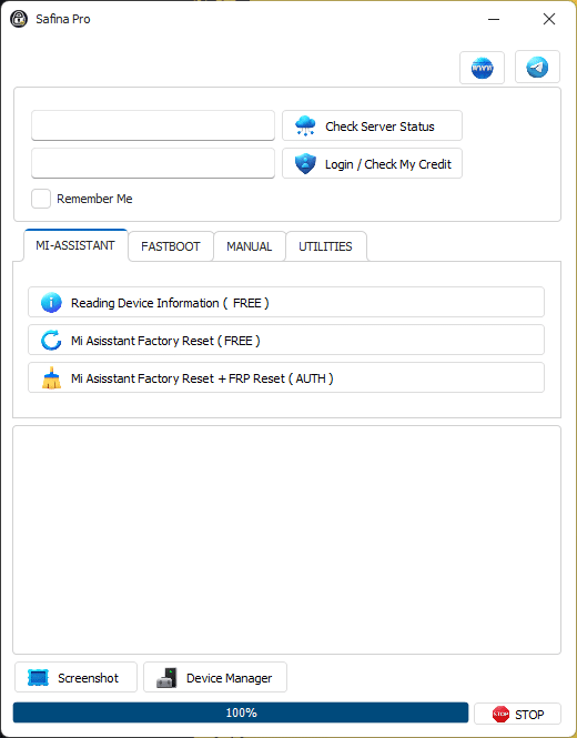 Safinapro tool interface showing xiaomi frp remove and flashing services
