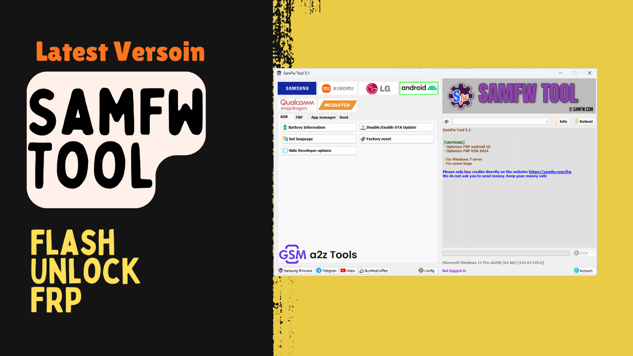 Samfw tools interface showing samsung xiaomi lg and android frp removal and flashing features