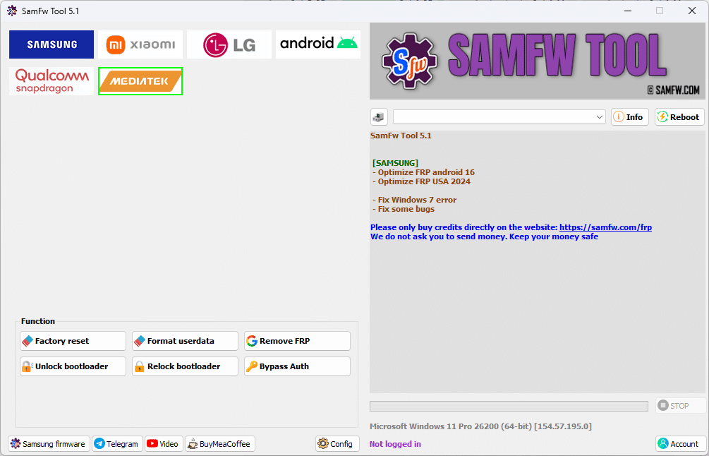Samfw tool interface showing samsung xiaomi lg and android frp removal and flashing options