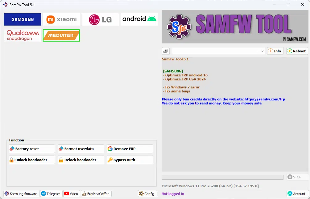 Samfw tool interface showing samsung xiaomi lg and android frp removal and flashing options