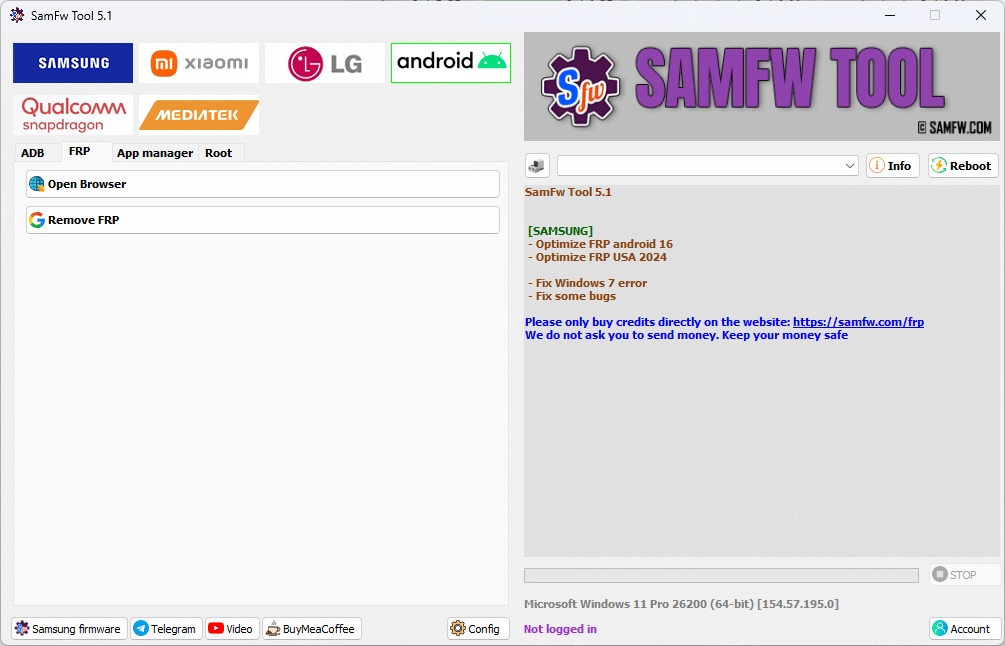 Samfw tools interface showing samsung xiaomi lg and android frp removal and flashing features