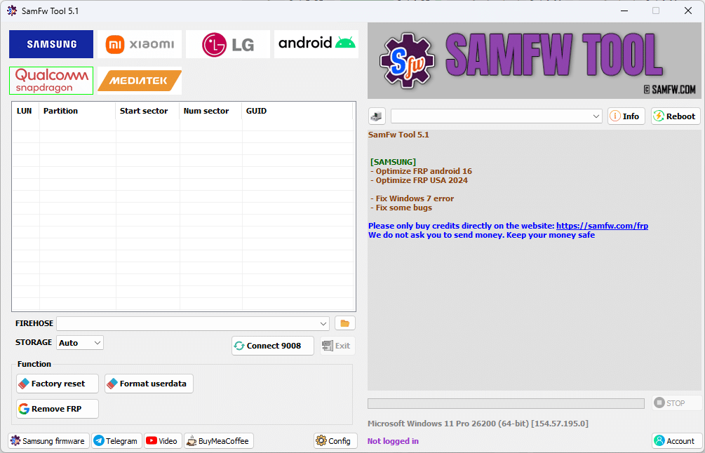 Samfw tools interface showing samsung xiaomi lg and android frp removal and flashing options
