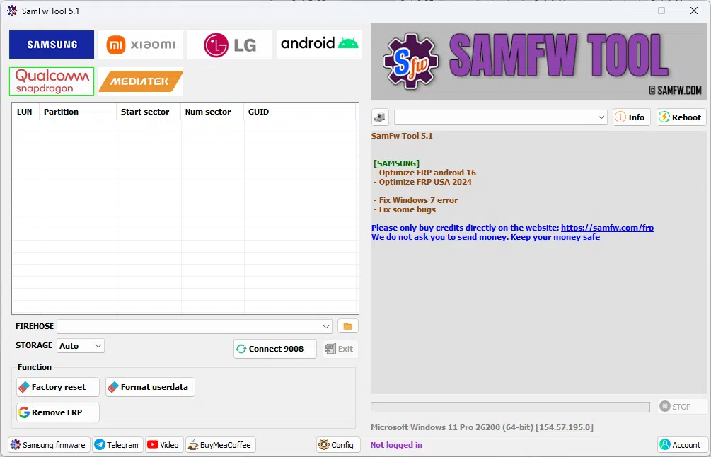 Samfw tools interface showing samsung xiaomi lg and android frp removal and flashing options