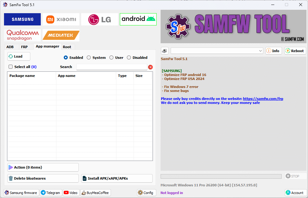 Samfw tools download interface showing samsung xiaomi lg and android frp removal and flashing features