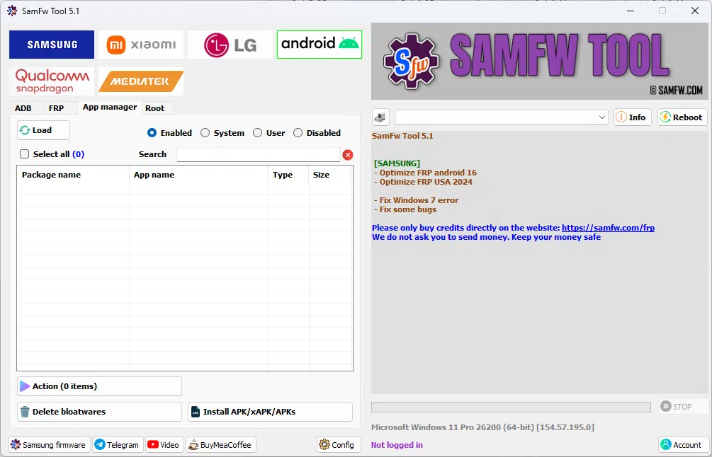 Samfw tools download interface showing samsung xiaomi lg and android frp removal and flashing features