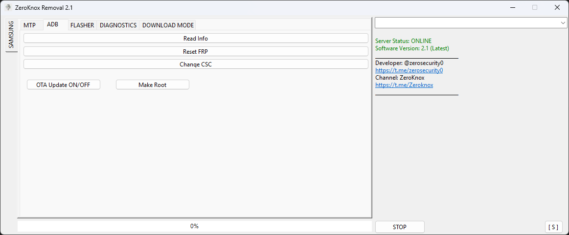 Zeroknox removal tool interface showing mtp adb frp reset flashing and samsung repair functions