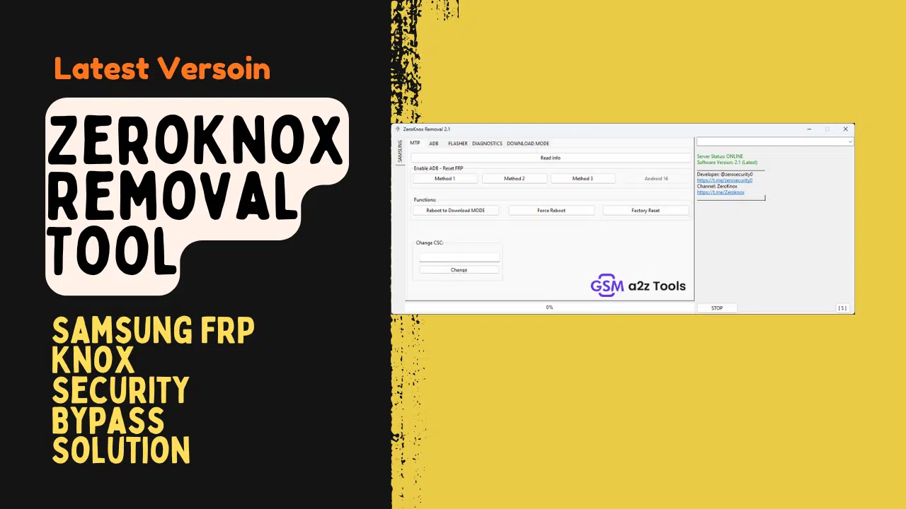 Zeroknox removal tool interface showing mtp adb frp reset firmware flashing and samsung knox security bypass functions