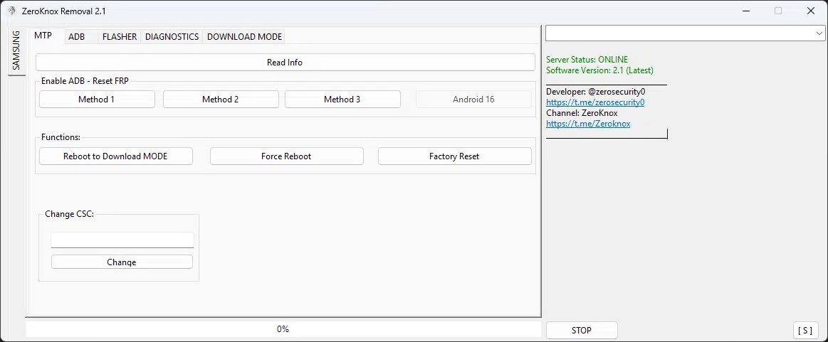 Samsung zeroknox removal tool interface showing mtp adb flasher options for frp and knox bypass