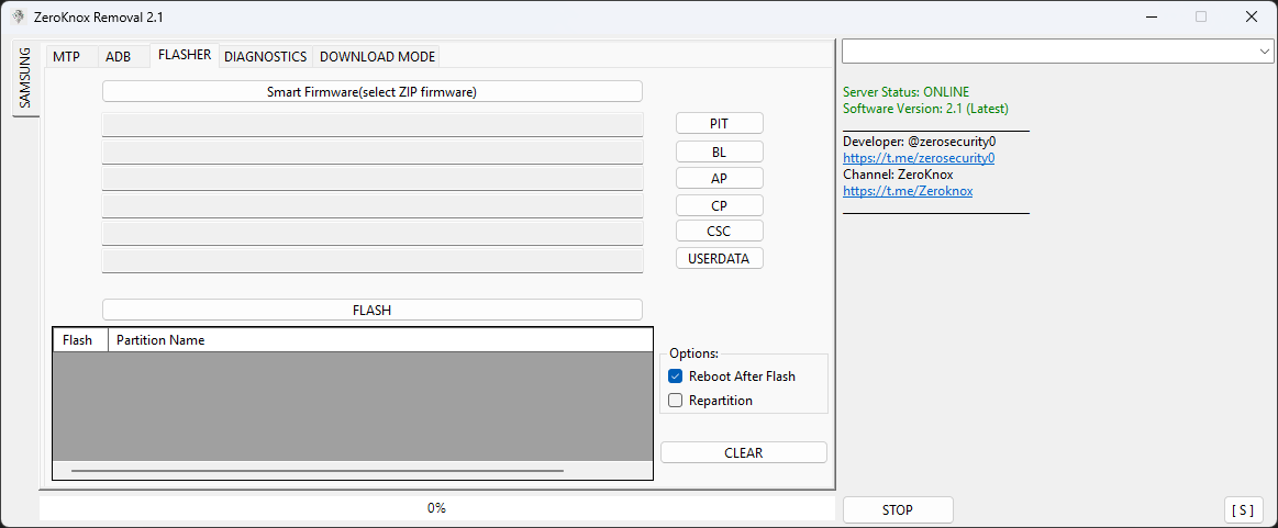 Zeroknox removal tool interface showing samsung frp reset flashing options and knox bypass functions