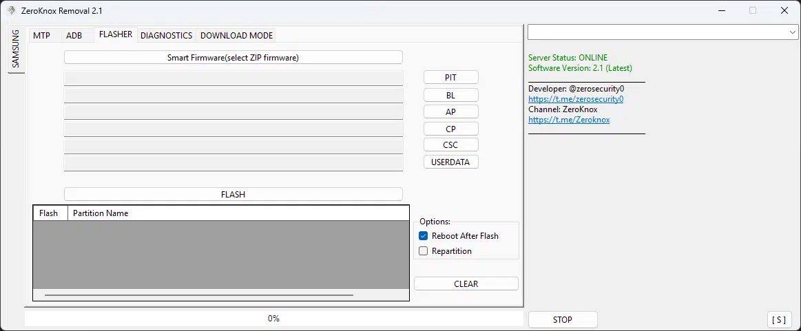 Zeroknox removal tool interface showing samsung frp reset flashing options and knox bypass functions