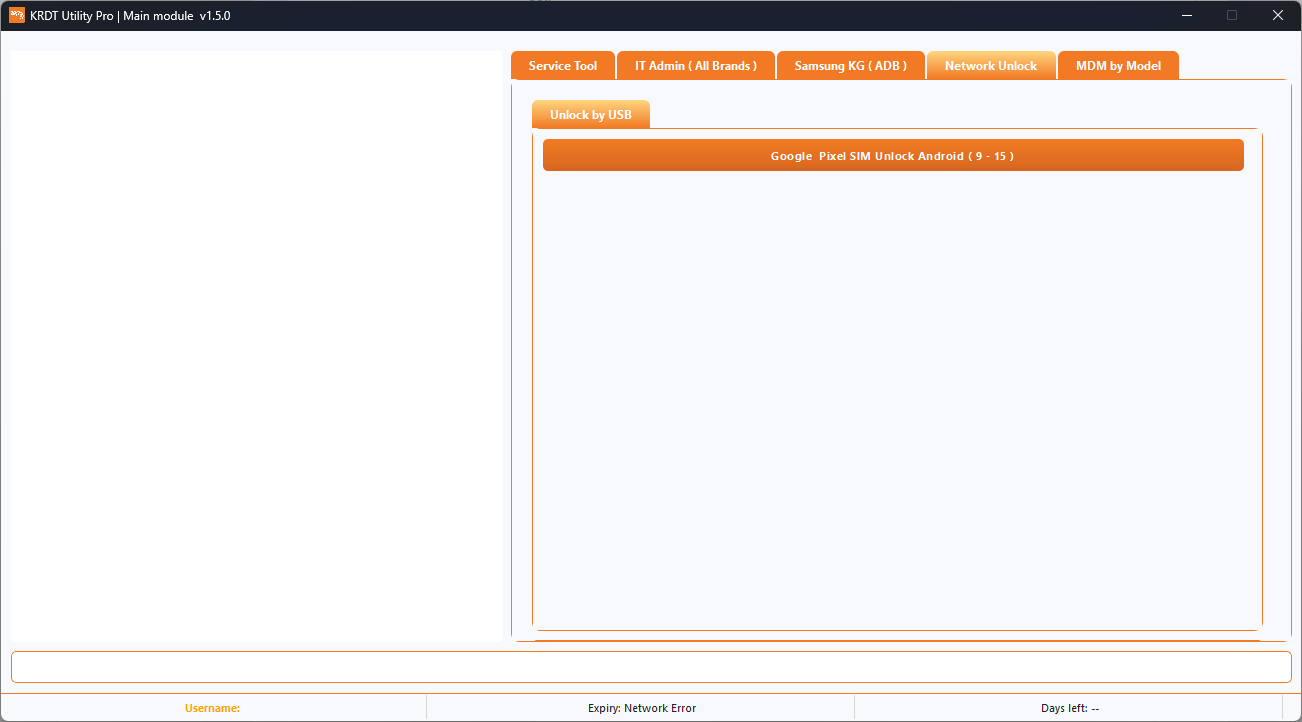 Krdt utility pro tool interface showing mdm removal samsung kg unlock and device service options