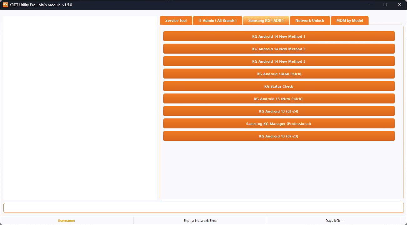 Krdt utility pro tool interface showing mdm removal samsung kg unlock and pixel sim unlock features