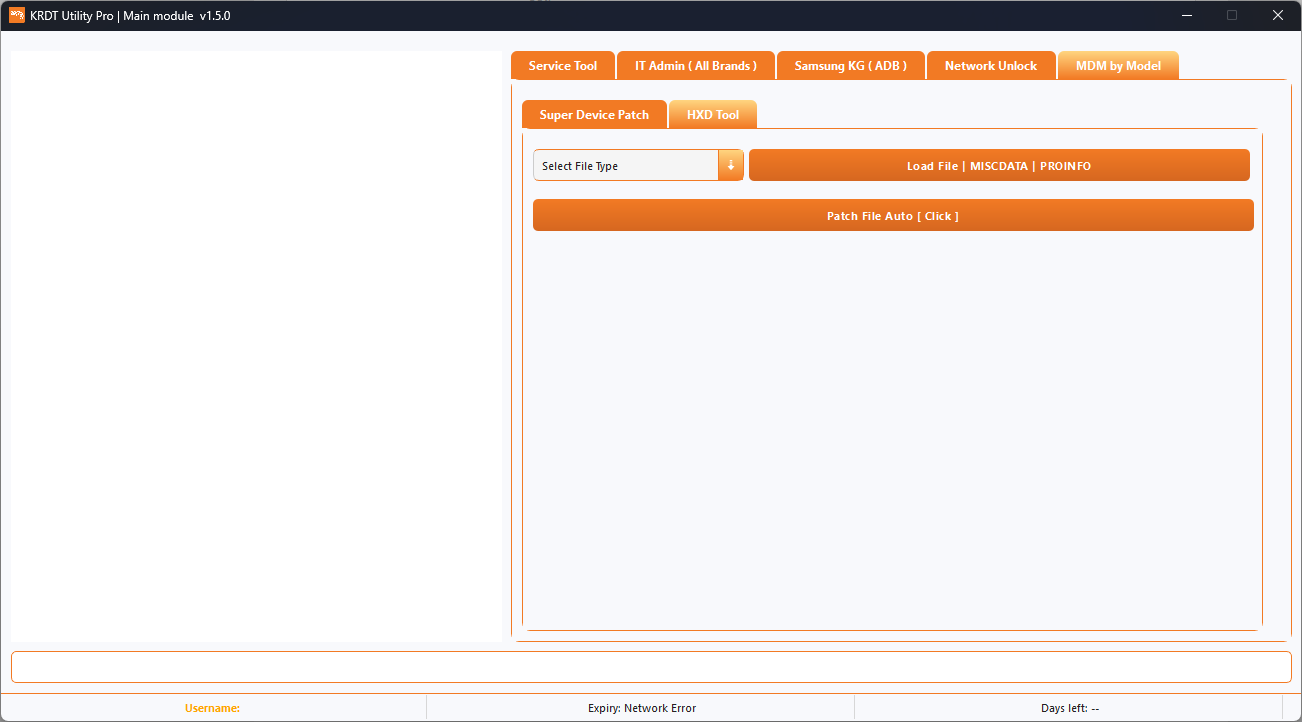 Krdt utility pro tool interface showing service tool it admin samsung kg network unlock and mdm by model features