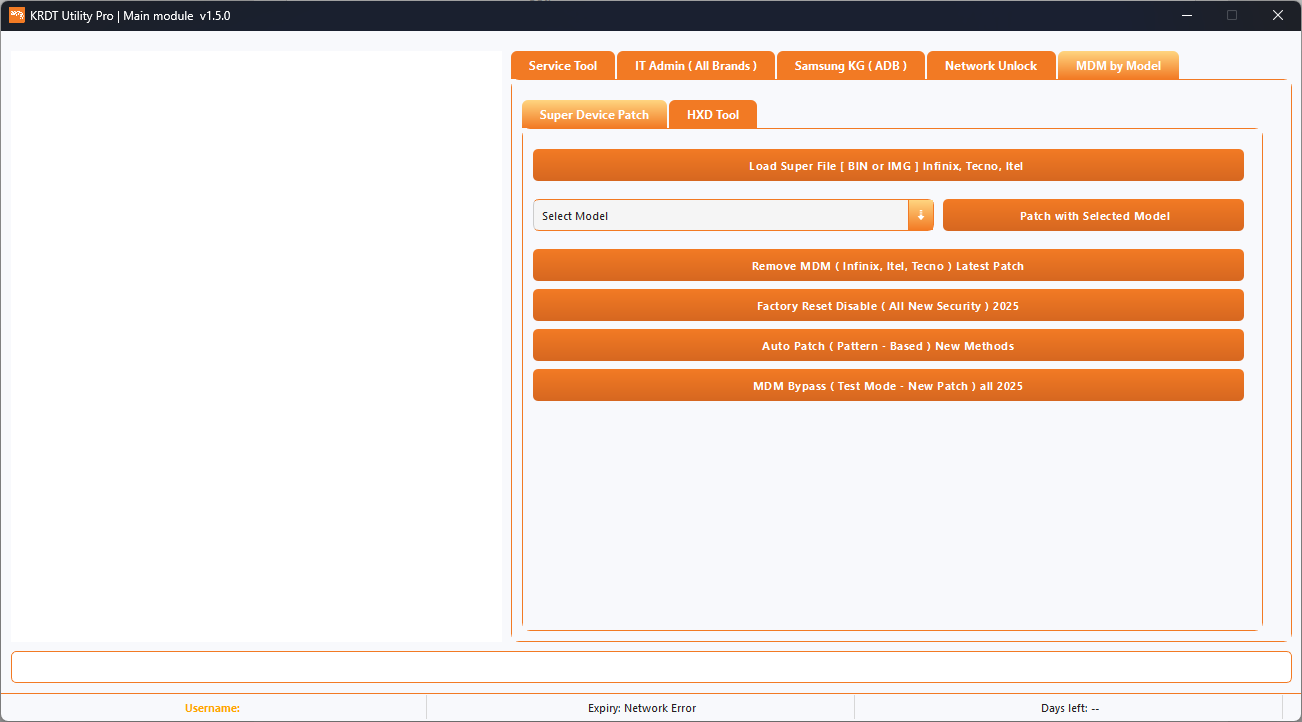 Krdt utility pro tool interface showing service tool it admin samsung kg unlock and mdm by model options