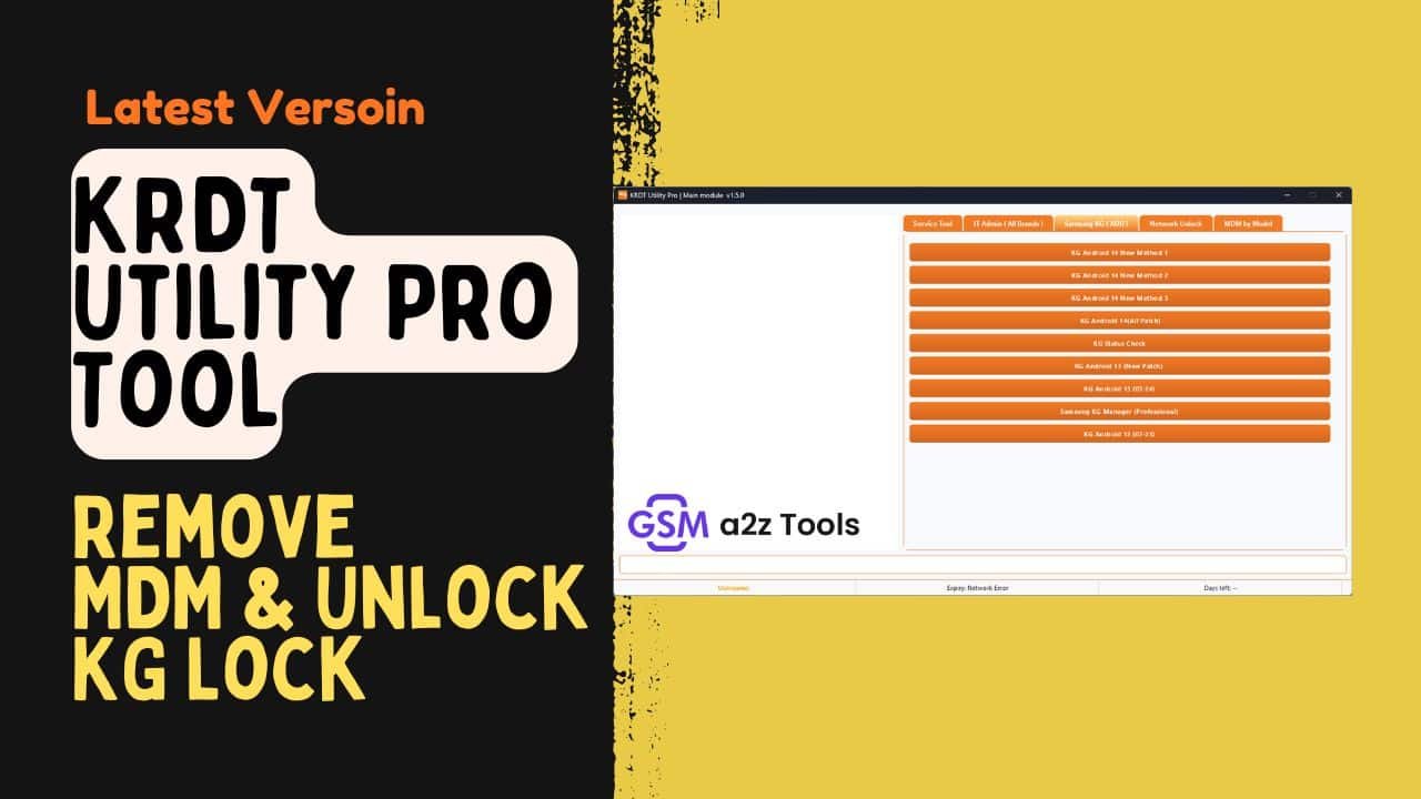 Krdt utility pro tool interface showing mdm removal kg unlock and service functions