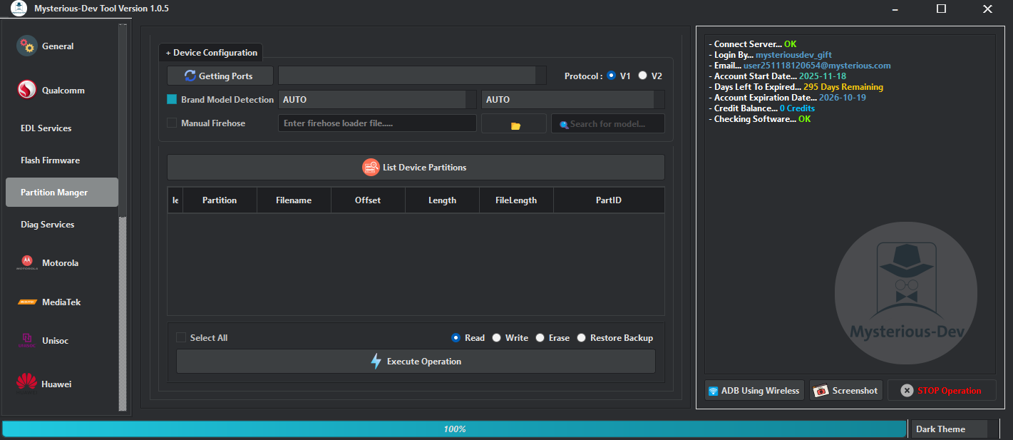Mysterious dev tool interface showing smartphone unlocking flashing and repair options