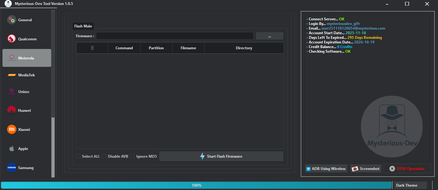 Mysterious dev tool interface showing smartphone unlocking flashing and repair options