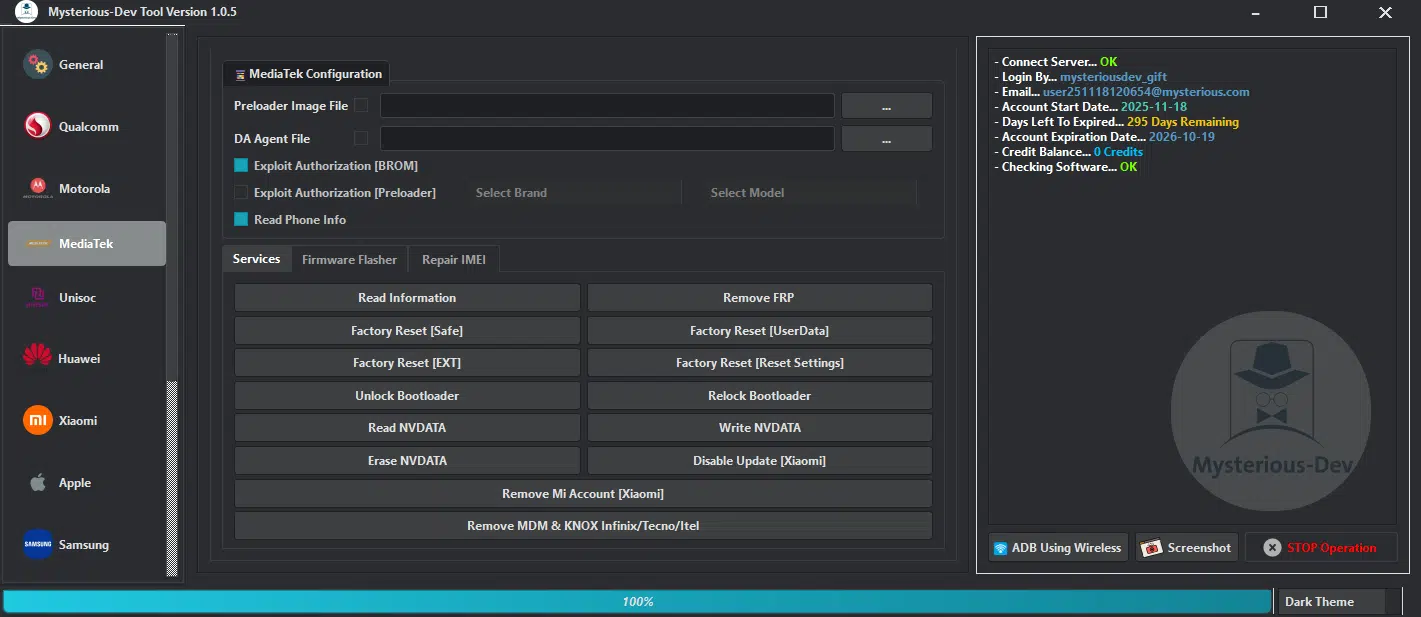 Mysterious dev tool interface showing unlocking flashing and mobile repair functions for android smartphones