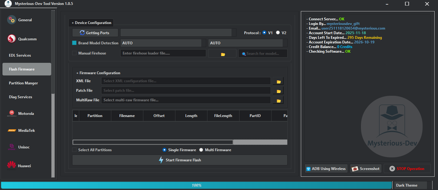 Mysterious dev tool interface showing unlocking flashing and repair features for smartphone servicing
