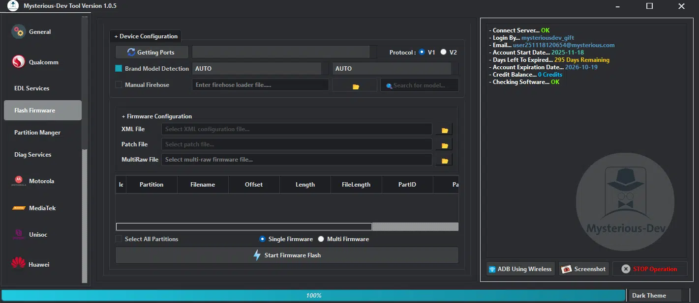 Mysterious dev tool interface showing unlocking flashing and repair features for smartphone servicing