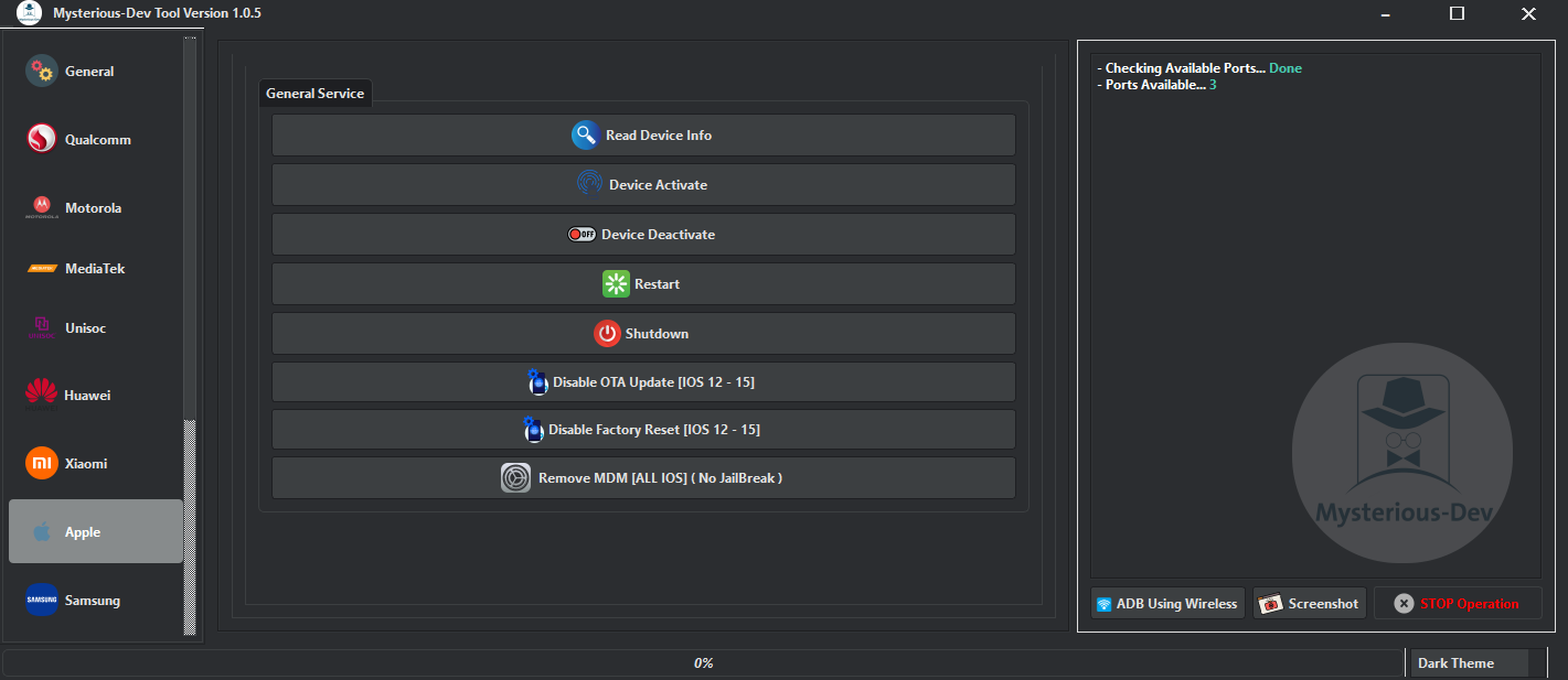 Mysterious dev tool software interface showing unlock flash and repair features for android smartphones