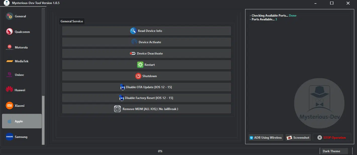Mysterious dev tool software interface showing unlock flash and repair features for android smartphones