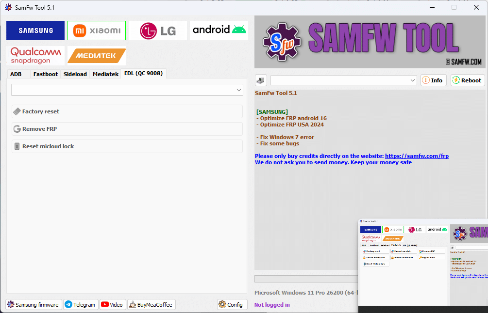 Samfw frp tool interface showing samsung xiaomi lg and android frp removal features