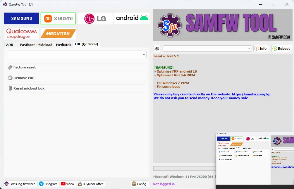 Samfw frp tool interface showing samsung xiaomi lg and android frp removal features