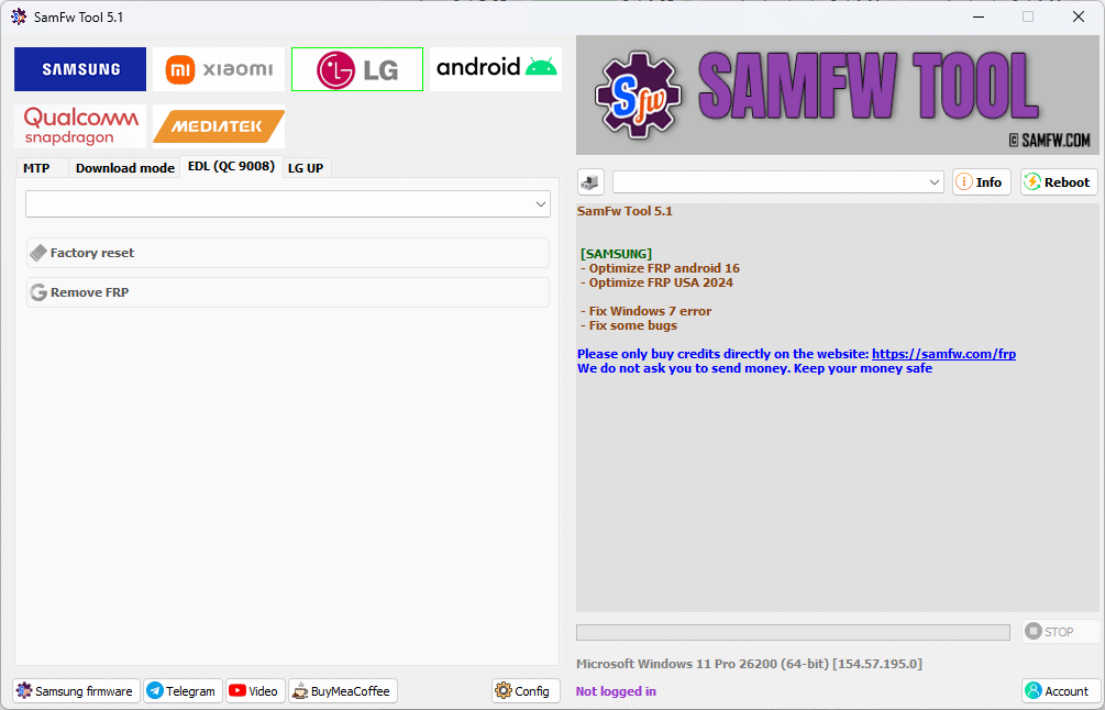 Samfw frp tool interface showing samsung xiaomi lg and android frp removal options