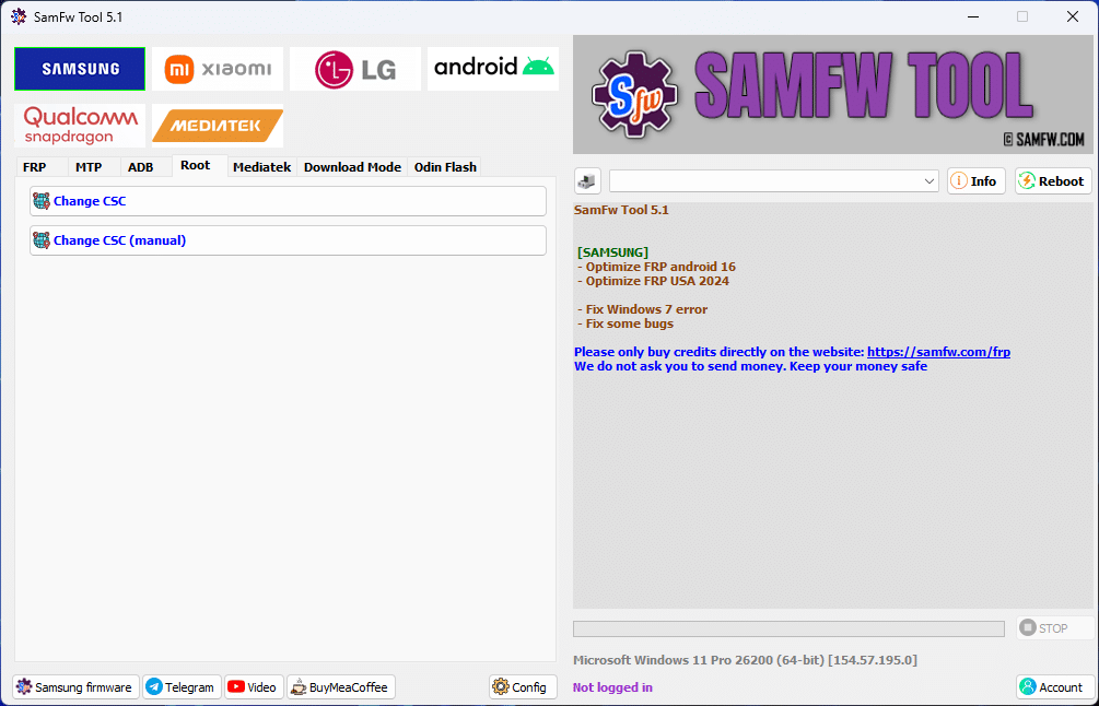 Samfw frp tool interface showing samsung xiaomi lg and android frp removal options