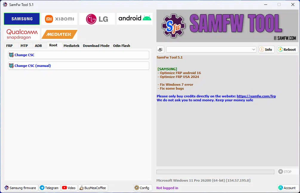 Samfw frp tool interface showing samsung xiaomi lg and android frp removal options