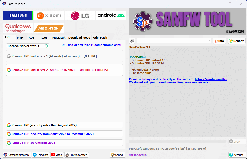 Samfw frp tool interface showing samsung xiaomi lg and android frp removal options