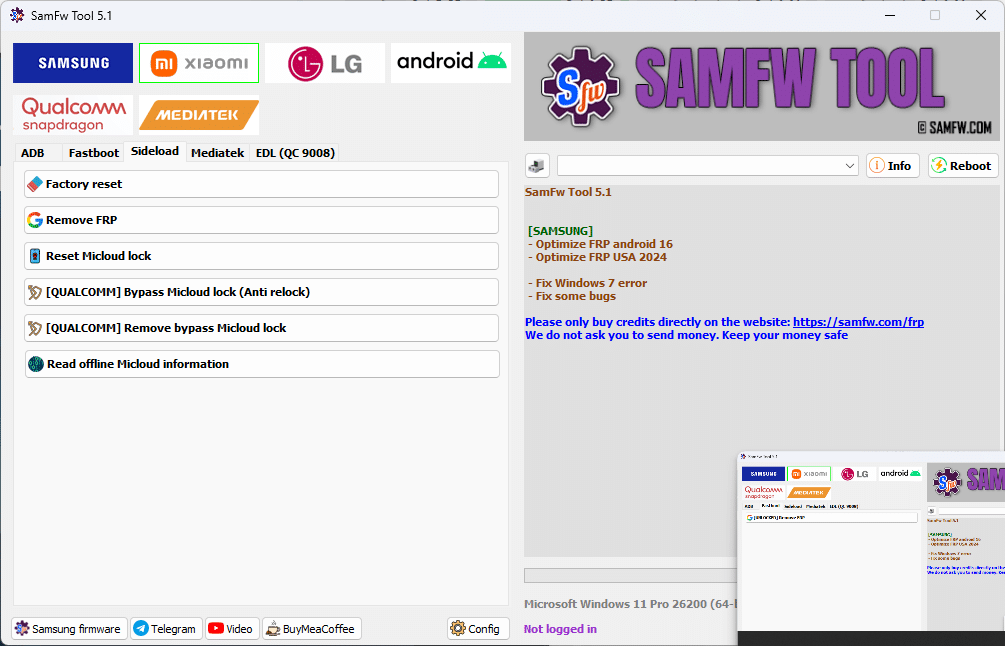 Samfw frp tools interface showing samsung xiaomi lg and android frp removal features
