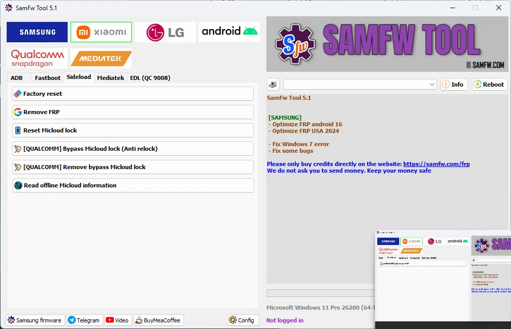 Samfw frp tools interface showing samsung xiaomi lg and android frp removal features