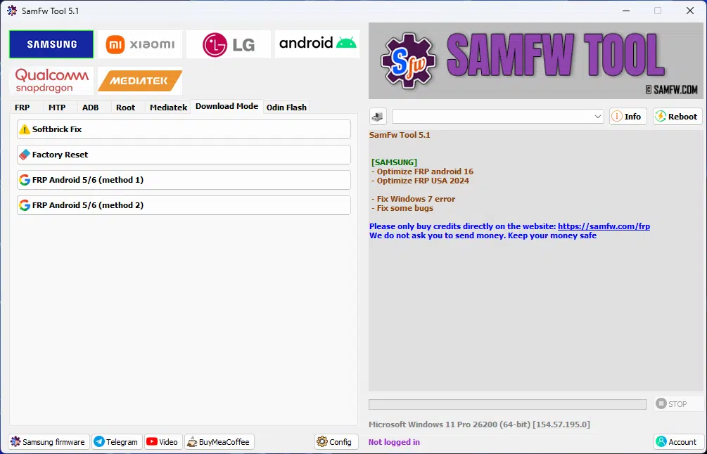 Samfw tool 4. 9 interface showing samsung frp removal odin flash adb and android unlocking features